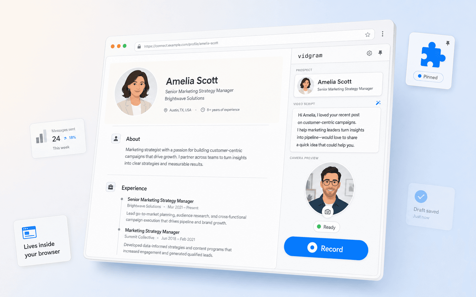 A product mockup showing a browser with a professional profile page and the Vidgram Chrome extension docked alongside, with a personalized video script and a Record button.