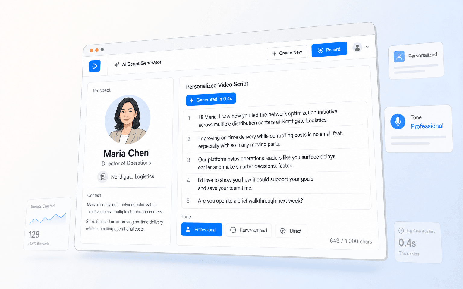 An AI-generated personalized video script displayed next to a prospect's profile in the Vidgram extension.