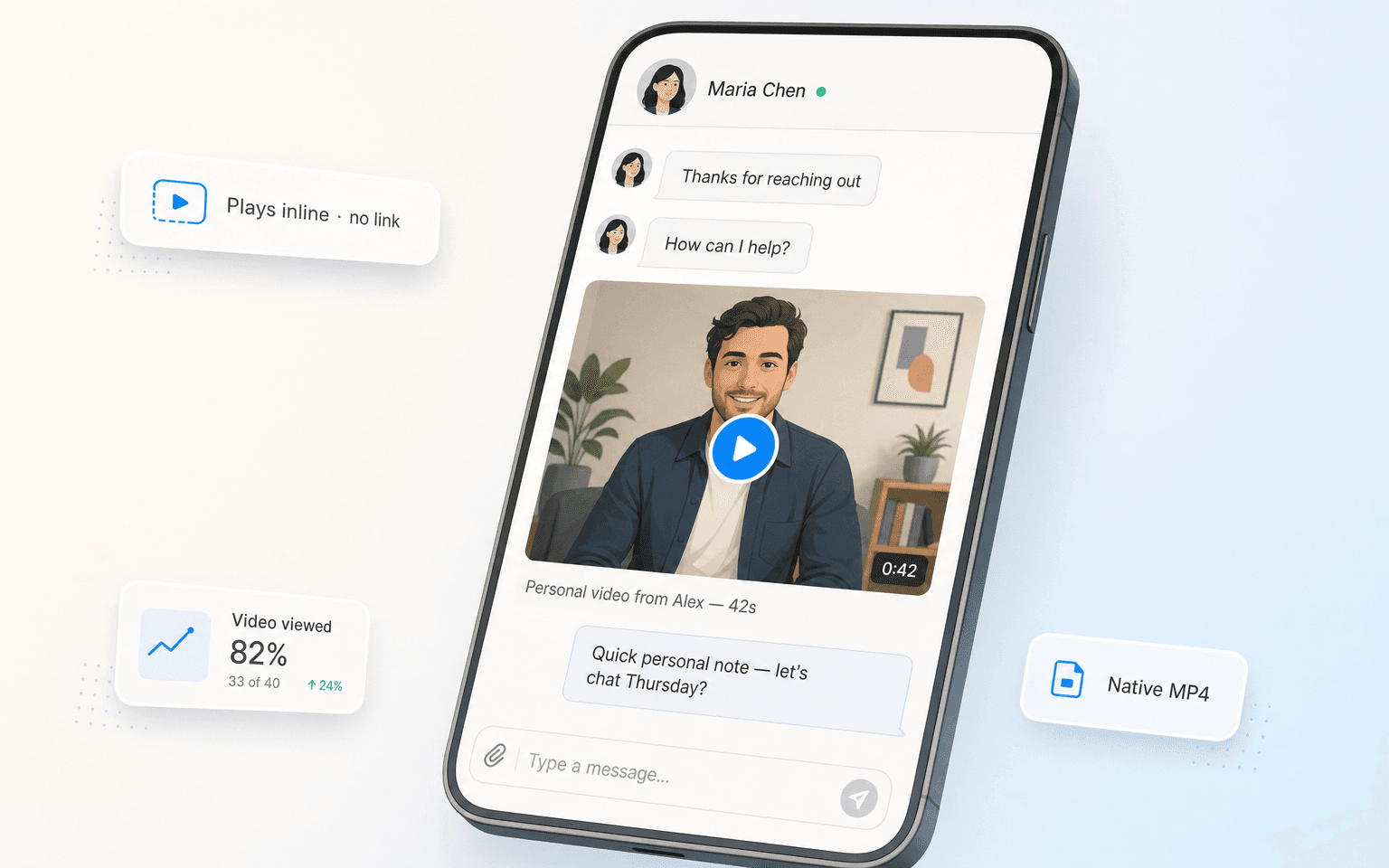 A hand holding a phone in landscape showing a personalized video playing inline in a professional messaging thread.