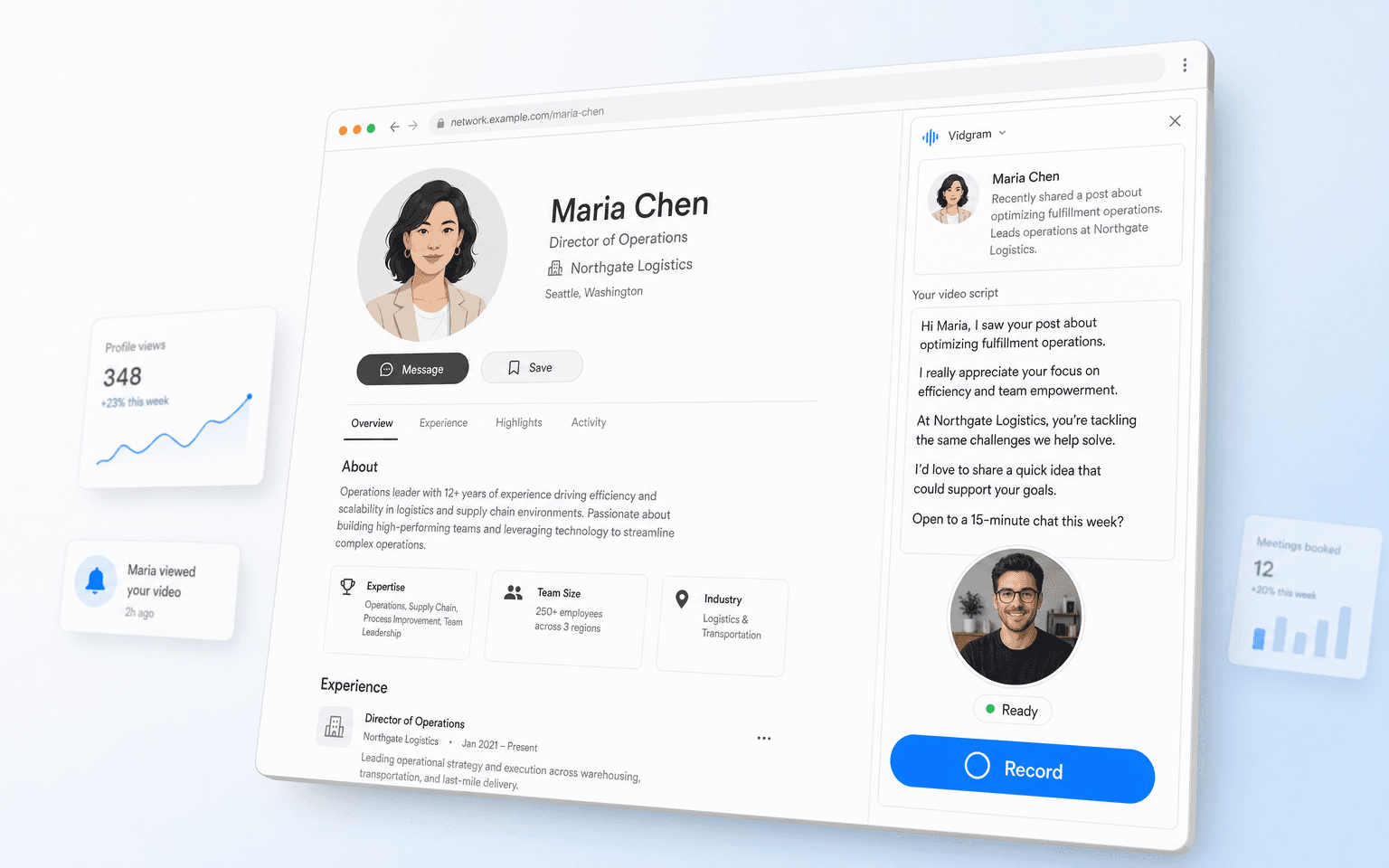 A B2B sales professional recording a personalized video for a prospect from a clean modern web app on a laptop.