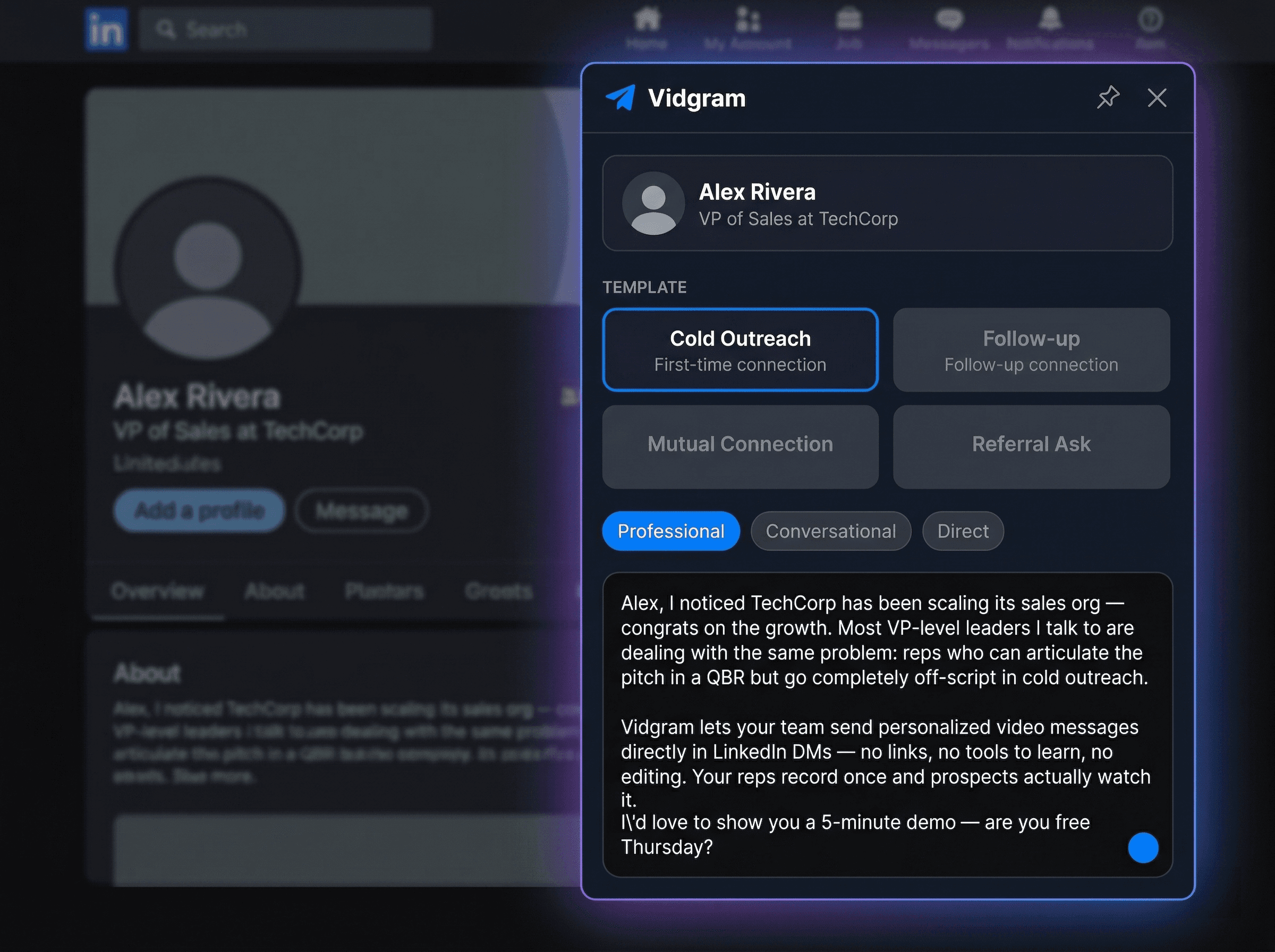 An AI-generated personalized script displayed in the Vidgram sidebar.